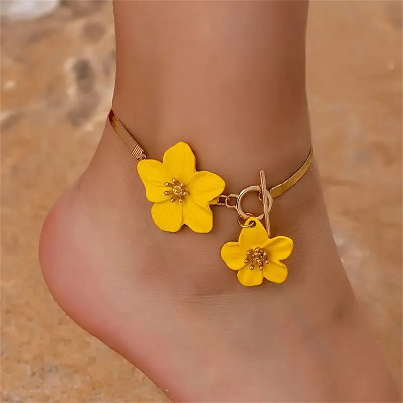 Flower & Gold Herringbone Anklet