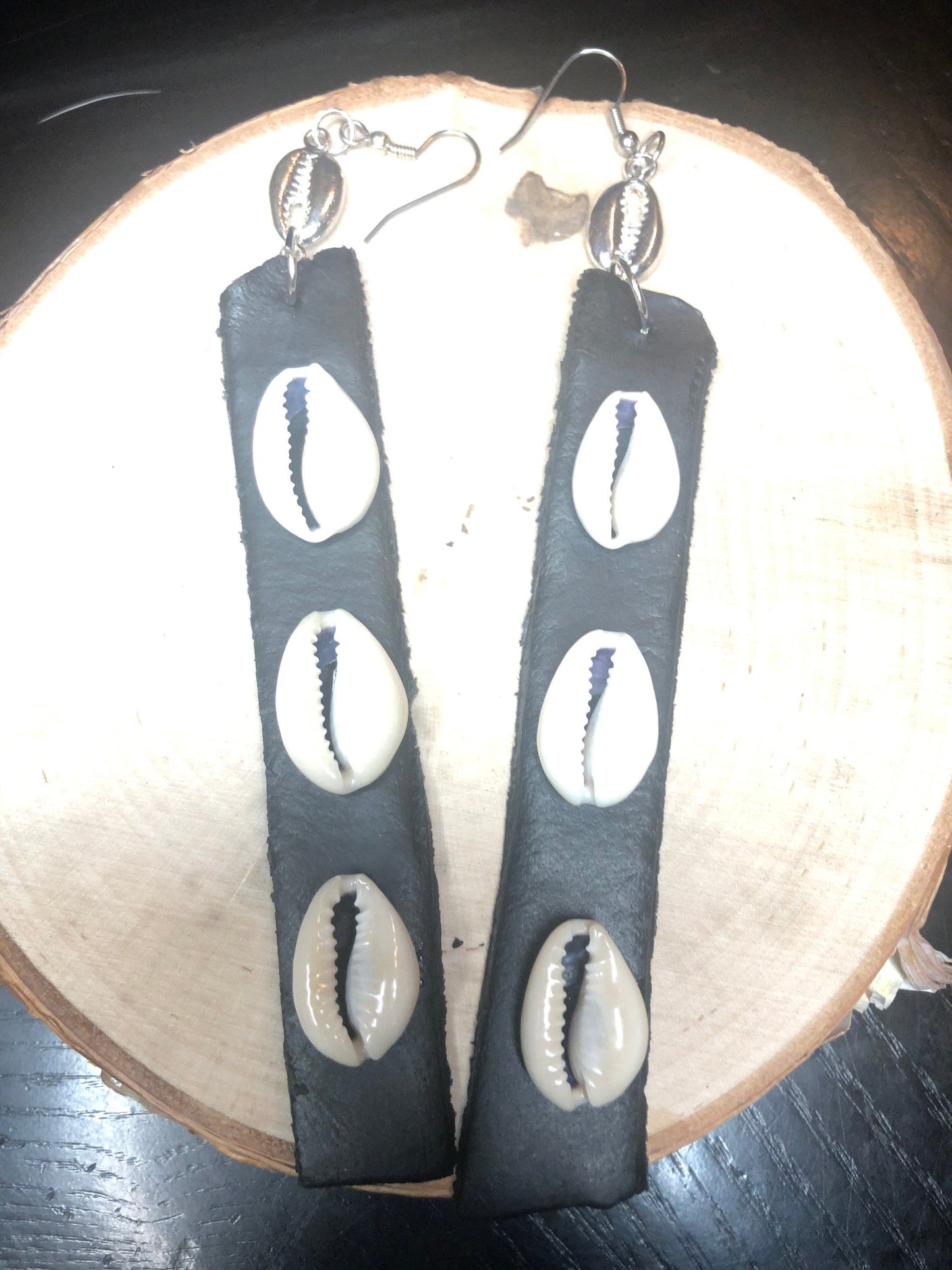 Black “Leather” & Cowrie Earrings