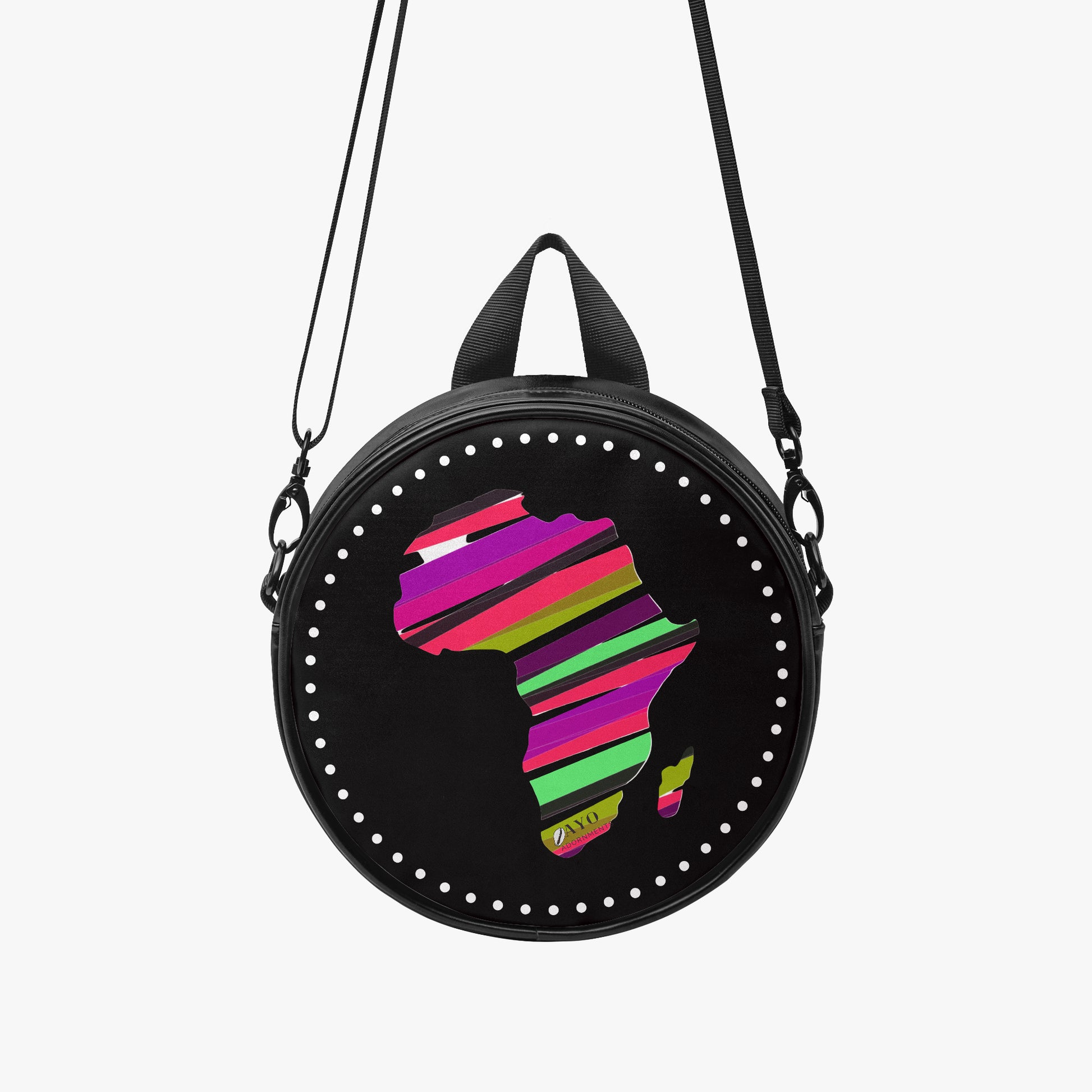 Round black handbag with colorful Africa silhouette design