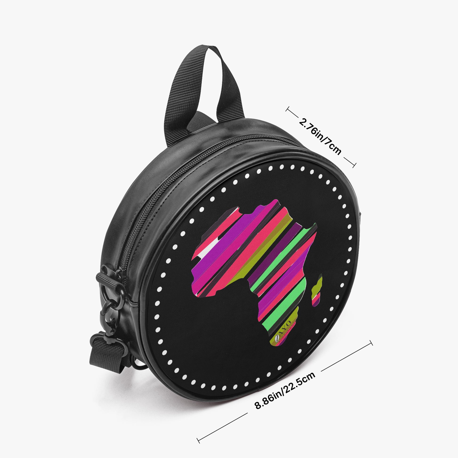 Black round backpack with colorful Africa map design and measurements 