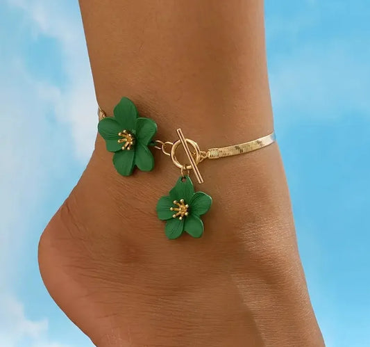 Flower & Gold Herringbone Anklet